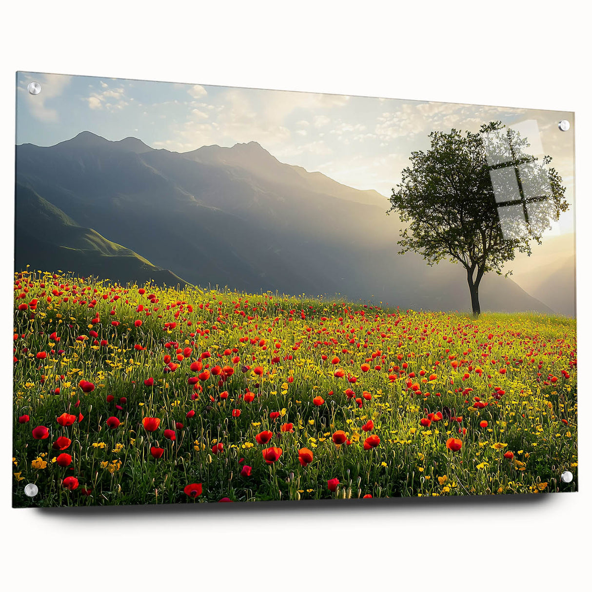 Acrylic glass landscape artwork showcasing a serene countryside view, framed with pins for easy display, emphasizing vibrant colors and detailed textures.
