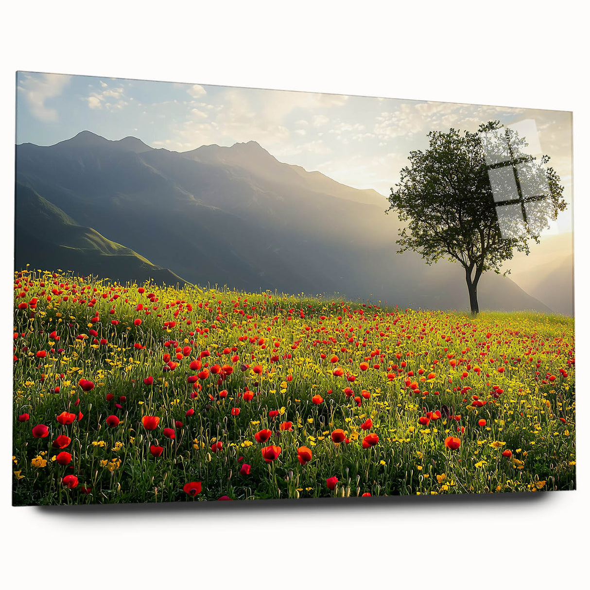 Acrylic landscape artwork depicting a serene countryside scene, showcasing vibrant greens and blues, framed in elegant glass for modern home decor. This piece captures the essence of nature's beauty with a side view that highlights intricate details and colors.