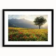 Black-framed landscape artwork depicting serene countryside scenery with a mat, showcasing vibrant green fields and a clear blue sky, ideal for home decor.