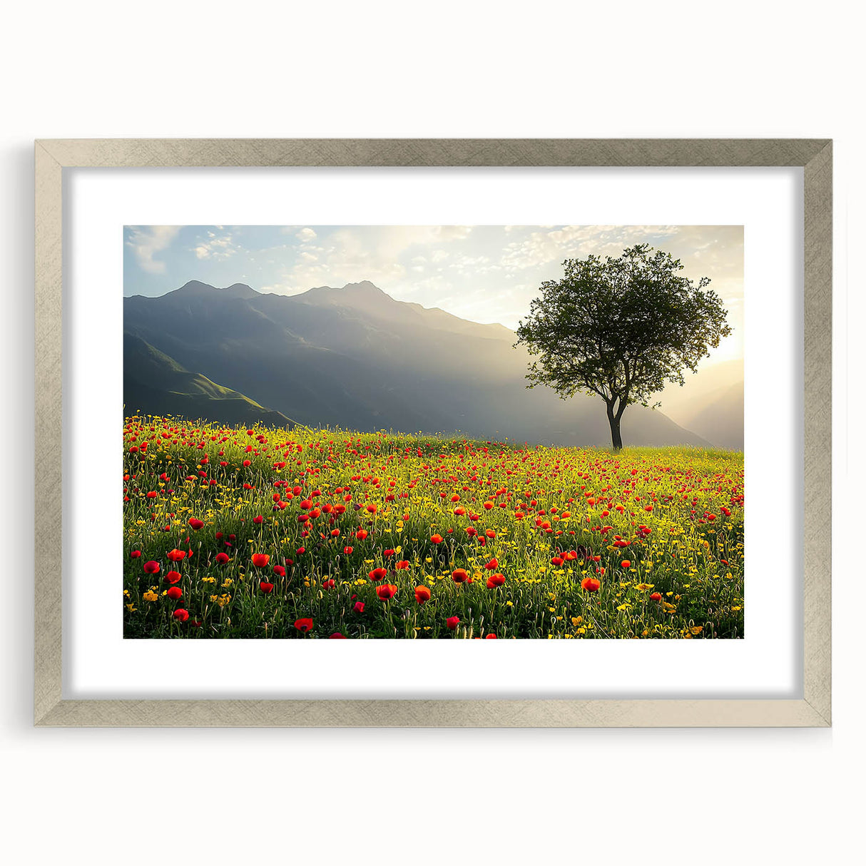 Silver-framed landscape art print showcasing a serene countryside scene, elegantly matted for added depth, perfect for home decor in modern interiors.