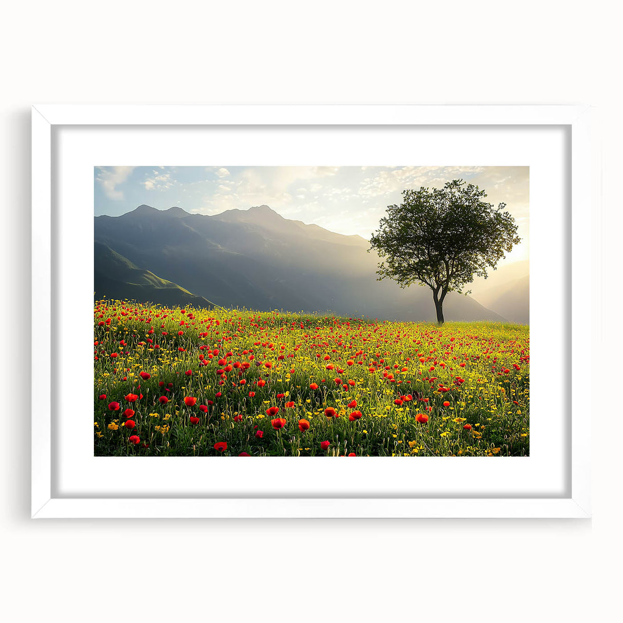 Framed landscape artwork depicting a serene countryside scene in soft greens and blues, featuring a white mat and sturdy frame, ideal for home decor enhancement.