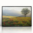 Framed acrylic artwork showcasing a serene countryside landscape, featuring lush green fields and a blue sky, presented in a sleek black frame for elegant home decor.