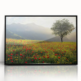 Framed acrylic artwork showcasing a serene countryside landscape, featuring lush green fields and a blue sky, presented in a sleek black frame for elegant home decor.