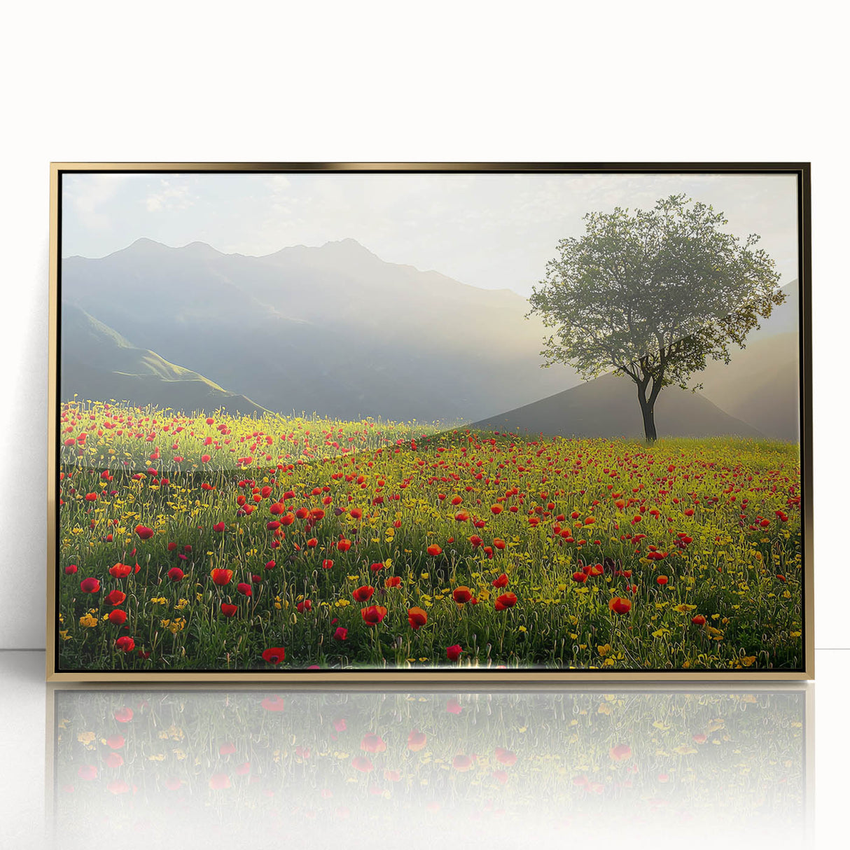 Framed acrylic landscape artwork depicting a serene countryside scene with vibrant colors and gold accents, perfect for enhancing home décor and ambiance.