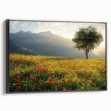 Framed canvas artwork showcasing a serene countryside landscape with vibrant green fields and a blue sky, featuring a sleek black frame for an elegant display.