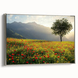 Framed canvas artwork depicting a serene countryside landscape with rolling hills and lush greenery, featuring a sleek silver frame, ideal for home decor.