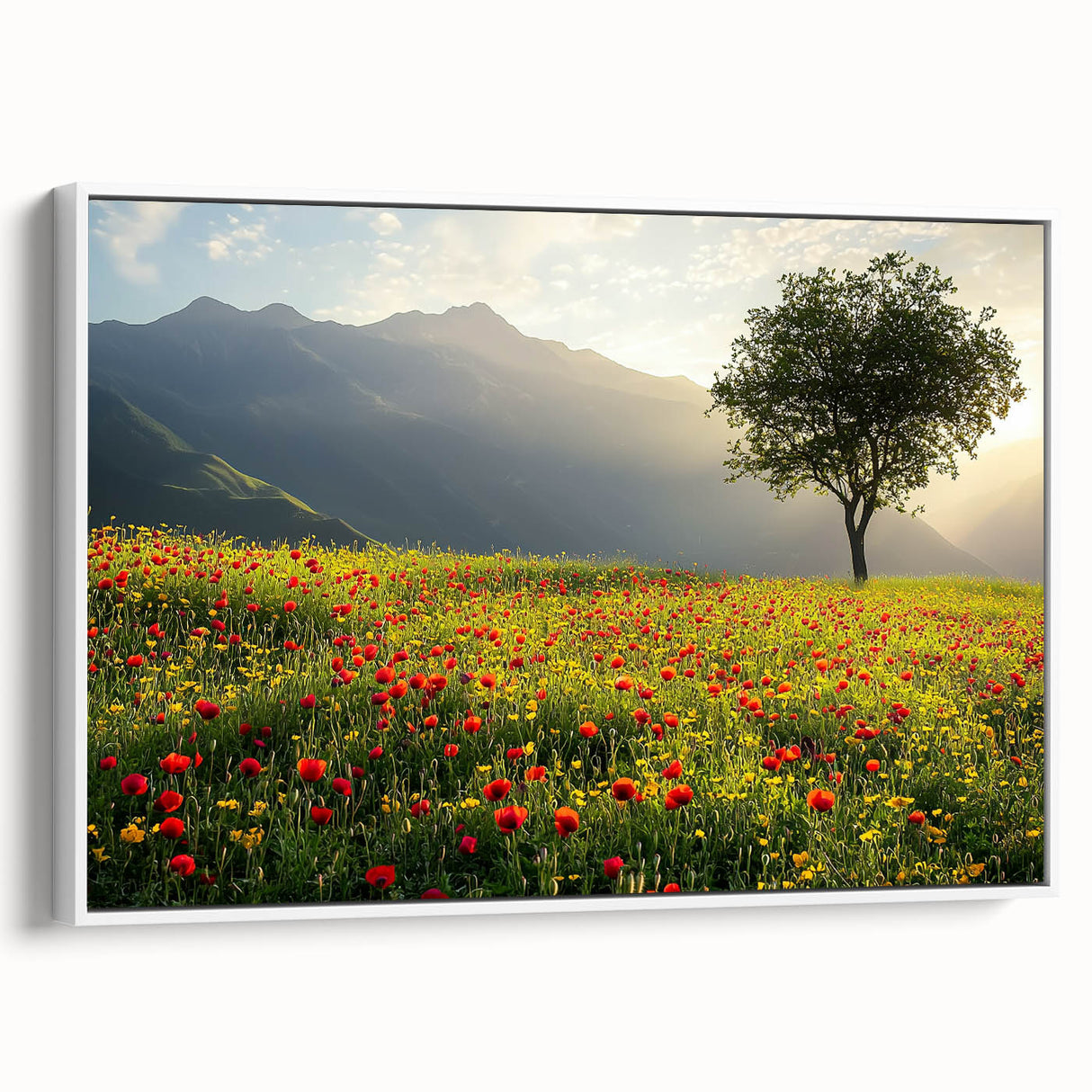 Framed canvas artwork showcasing a serene countryside landscape with vibrant green fields and rolling hills, displayed from a white side view, ideal for home decor.