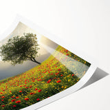 Scenic landscape canvas print depicting a serene countryside scene with rolling hills, vibrant greenery, and a clear blue sky, rolled and ready for display.