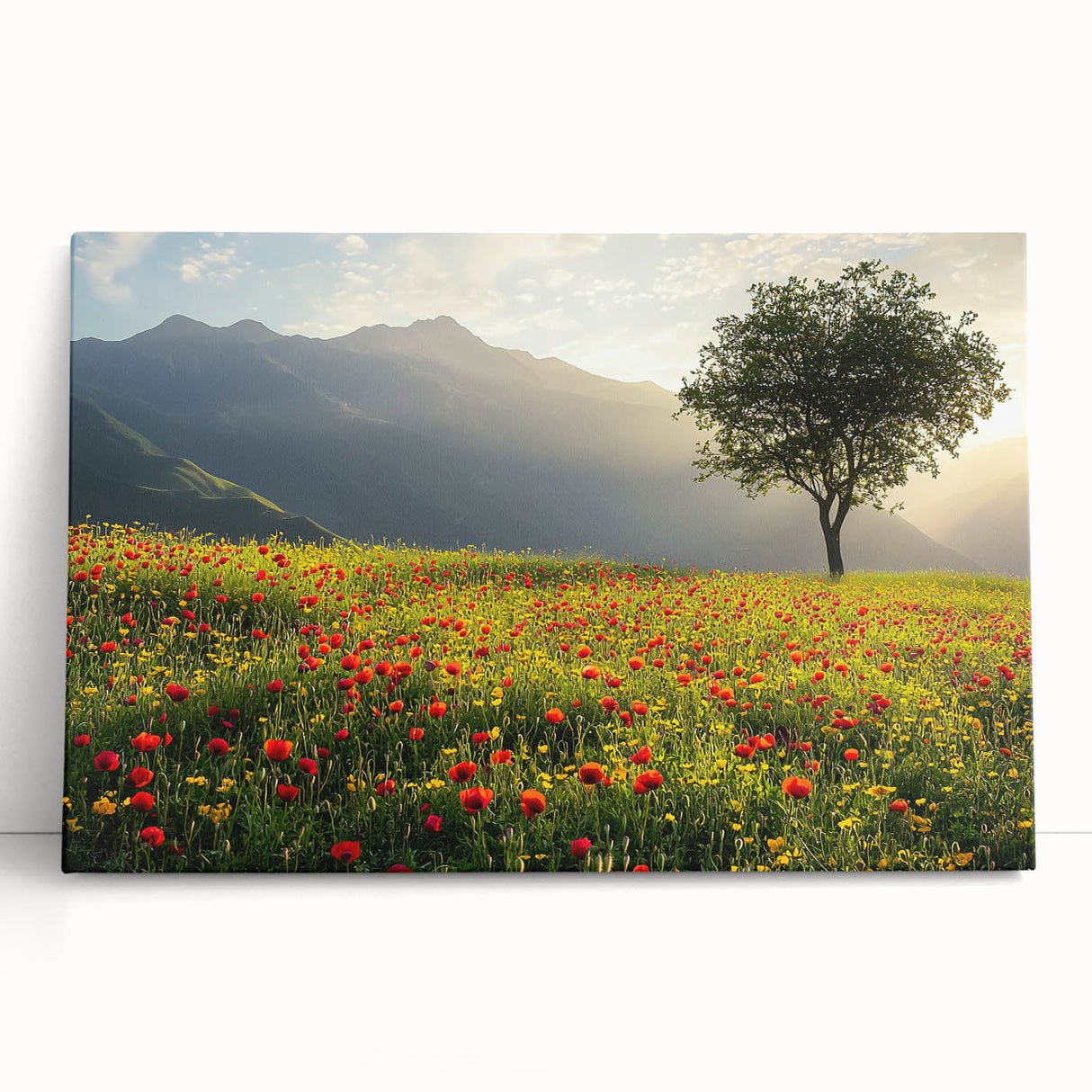 Stretched canvas artwork depicting a serene countryside landscape with rolling hills, vibrant green fields, and a clear blue sky, designed to enhance home decor.