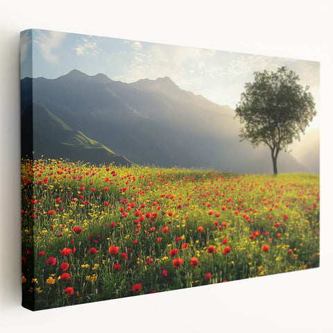 Stretched canvas artwork showcasing a serene countryside landscape in vibrant greens and blues, highlighting rolling hills and a clear sky, perfect for home decor.