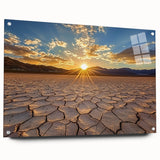 Acrylic landscape artwork depicting a serene desert scene, showcasing warm hues of orange and yellow with intricate detailing on glass, complemented by metal pins for easy display.