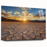 Desert landscape acrylic artwork displayed in a sleek glass frame, highlighting warm, earthy tones and intricate details, ideal for modern home decor.