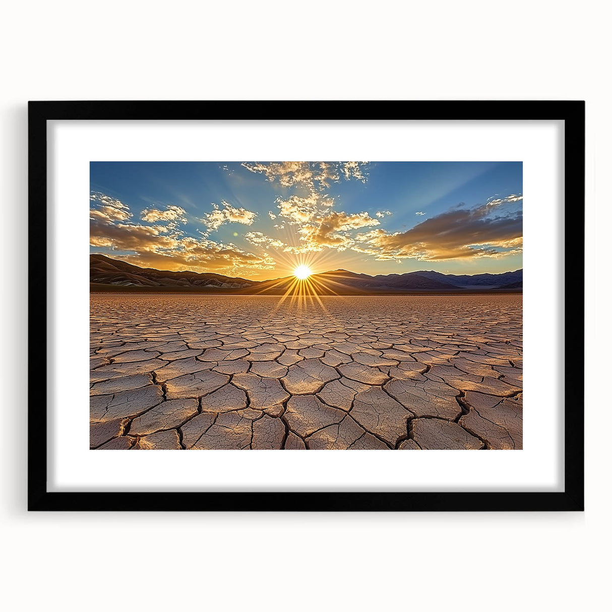 Desert landscape framed art print with a black mat, showcasing vibrant colors and intricate details, perfect for home decor or office aesthetics.