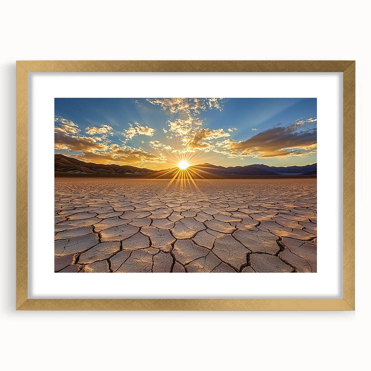 Elegant gold-framed landscape art showcasing a serene desert scene with vibrant colors, perfect for enhancing home decor and creating a warm atmosphere.