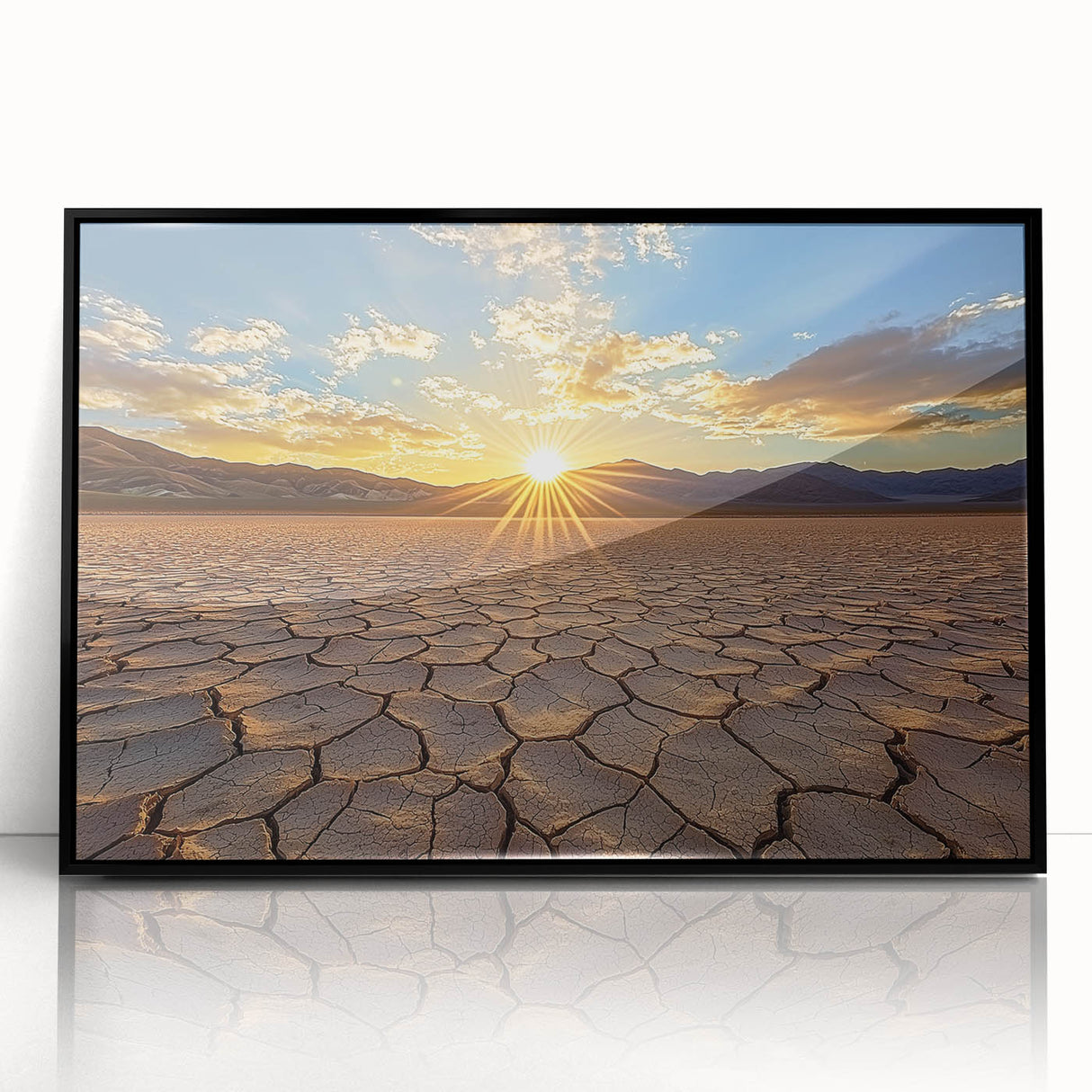 Framed acrylic artwork showcasing a vibrant desert landscape with warm colors and striking details, set against a sleek black frame, ideal for modern decor.