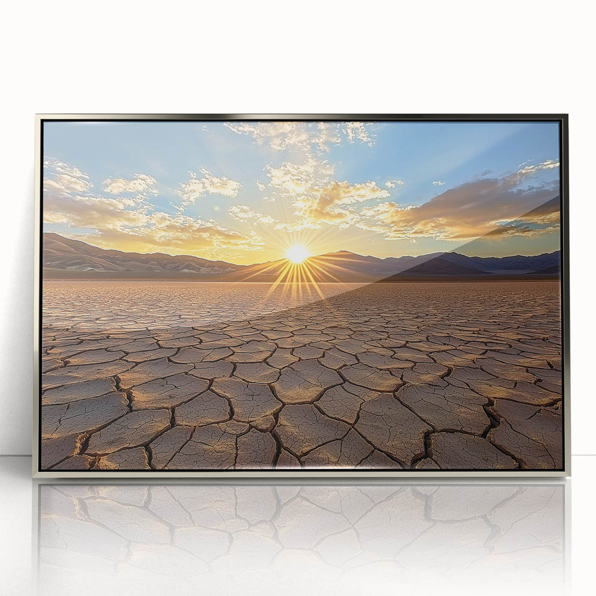 Framed acrylic artwork depicting a vibrant desert landscape with warm colors and intricate details, ideal for enhancing modern home decor.