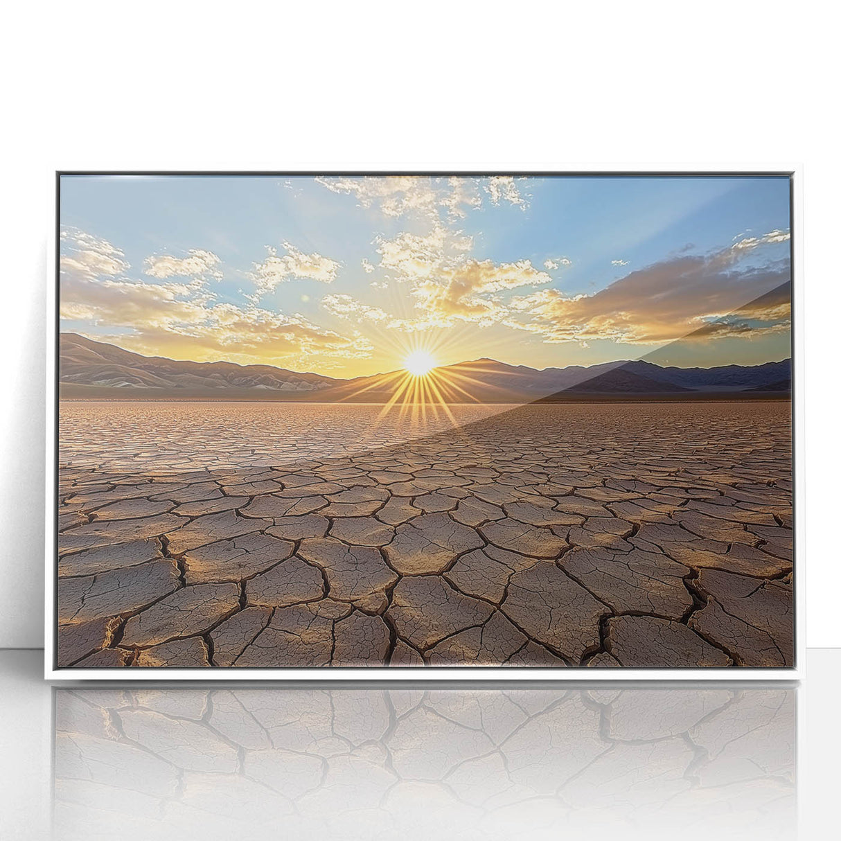 Framed acrylic artwork depicting a serene desert landscape, showcasing warm colors and intricate details. Ideal for modern home decor, enhancing any living space.