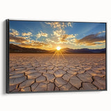 Framed canvas artwork depicting a serene desert landscape, featuring warm earth tones and intricate details, showcased in a sleek black frame, ideal for home decor.