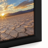 Close-up of a framed desert landscape canvas print showcasing vibrant warm tones and intricate details of rocky formations, perfect for home decor.