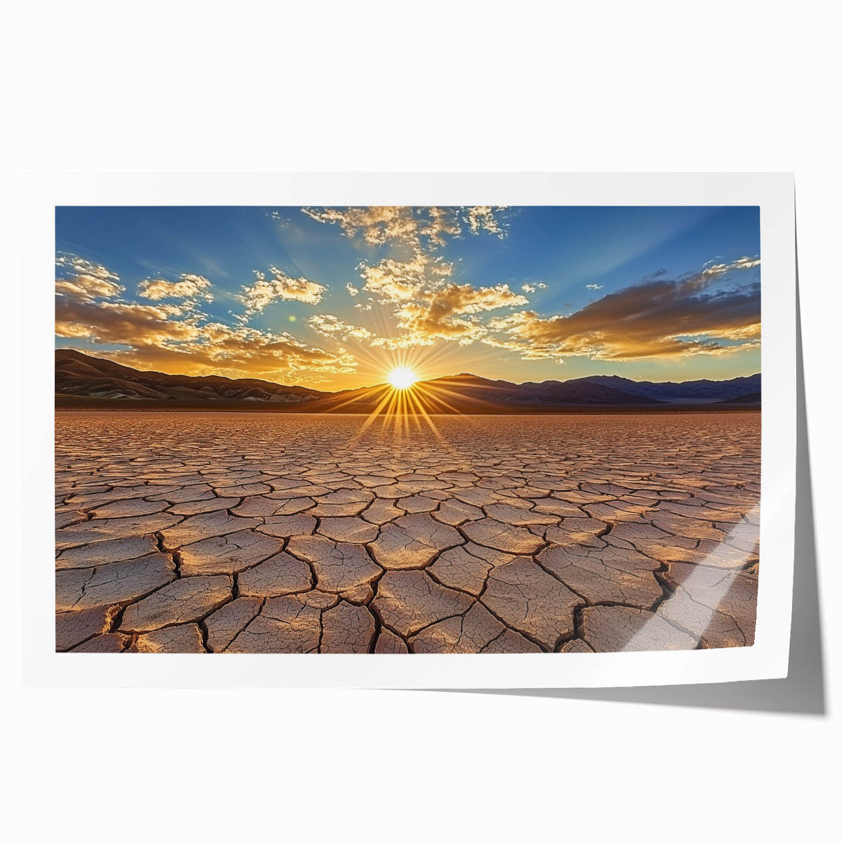 Desert landscape rolled canvas print showcasing vibrant orange and yellow hues, depicting a serene sunset over sand dunes, beautifully packaged for display or gifting.