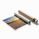 Desert landscape rolled canvas print showcasing vibrant orange and deep blue hues, wrapped in a protective tube, perfect for home decor and art enthusiasts.