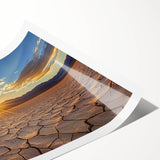 Desert landscape rolled canvas print showcasing vibrant hues of orange and yellow, featuring detailed mountain silhouettes against a blue sky, packaged securely in a sturdy cardboard tube for safe shipping.