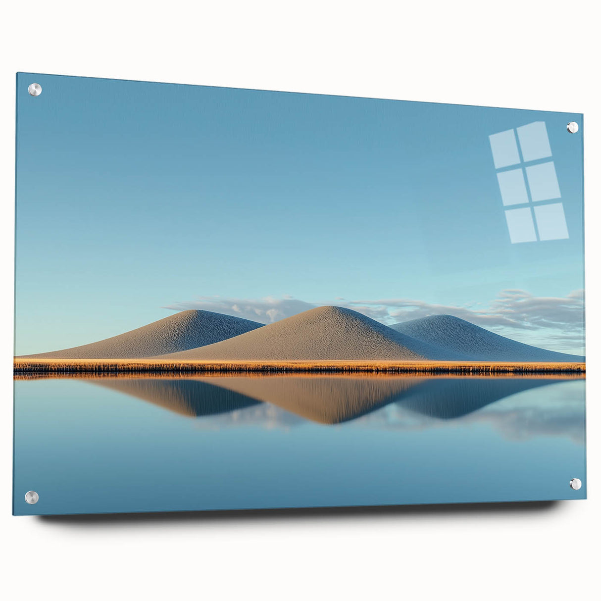 Acrylic glass landscape artwork showcasing vibrant fields in a side view, elegantly pinned for display, ideal for modern home decor or office spaces.