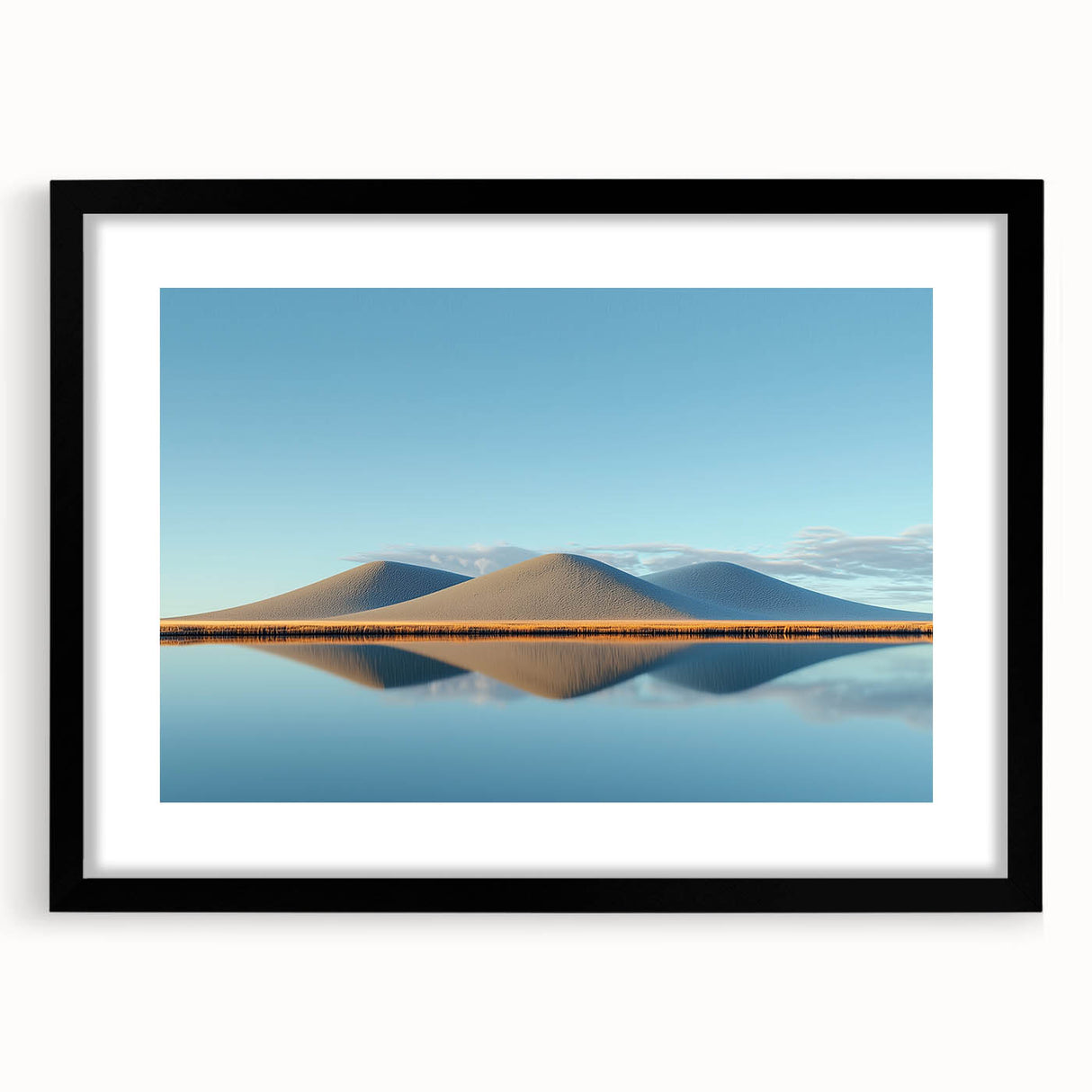 Black-framed landscape artwork showcasing vibrant green fields and a clear blue sky, elegantly matted for a polished presentation, perfect for home decor.
