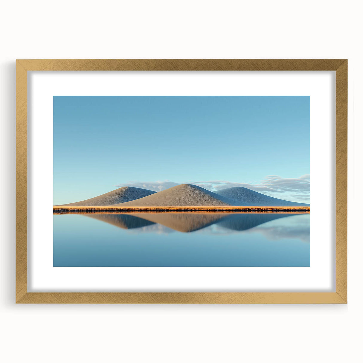 Elegant gold-framed landscape artwork featuring lush green fields and a serene sky, designed with a white mat for an upscale presentation, perfect for home decor.