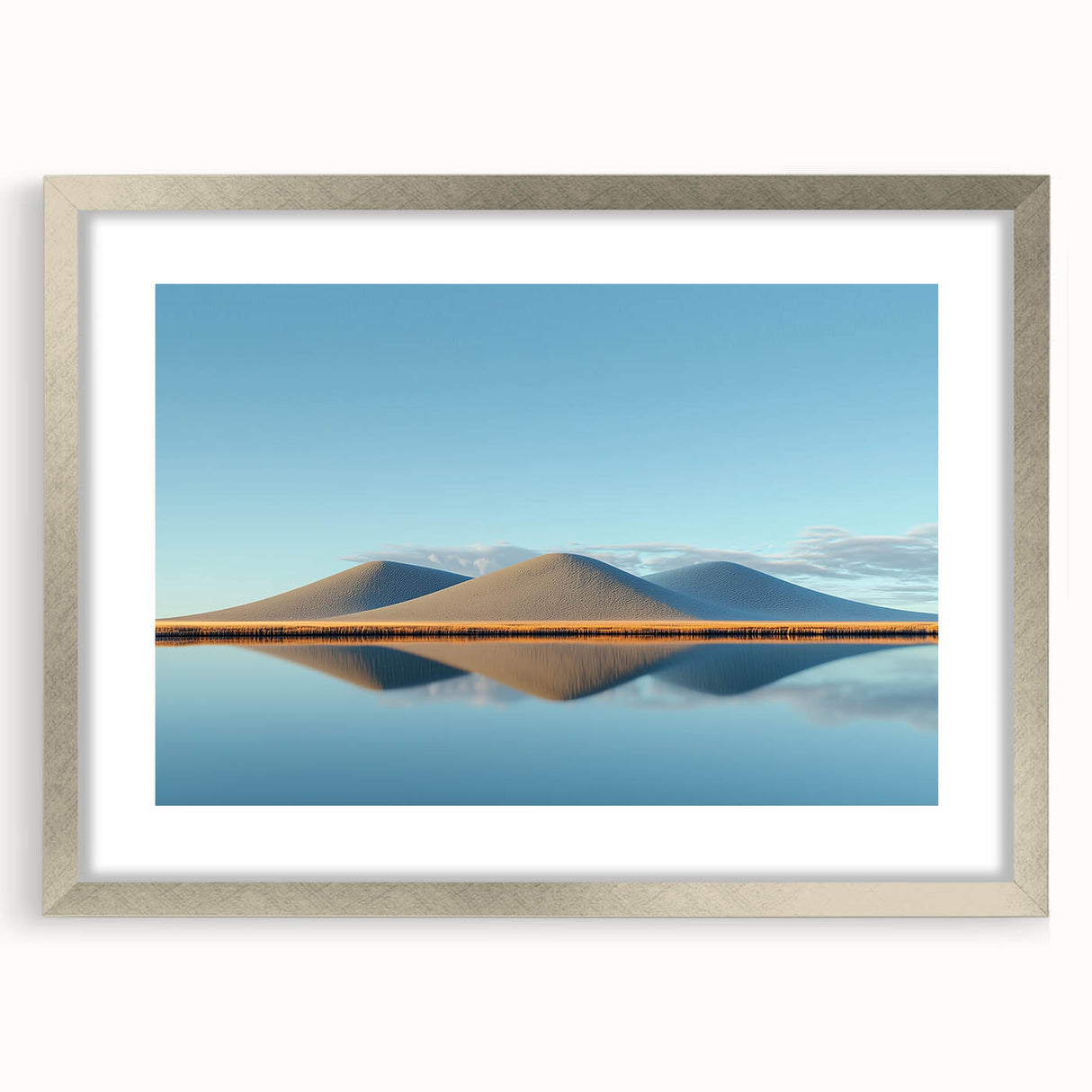 Framed silver landscape artwork showcasing a serene field scene, complete with a white mat, ideal for enhancing home decor and interiors.