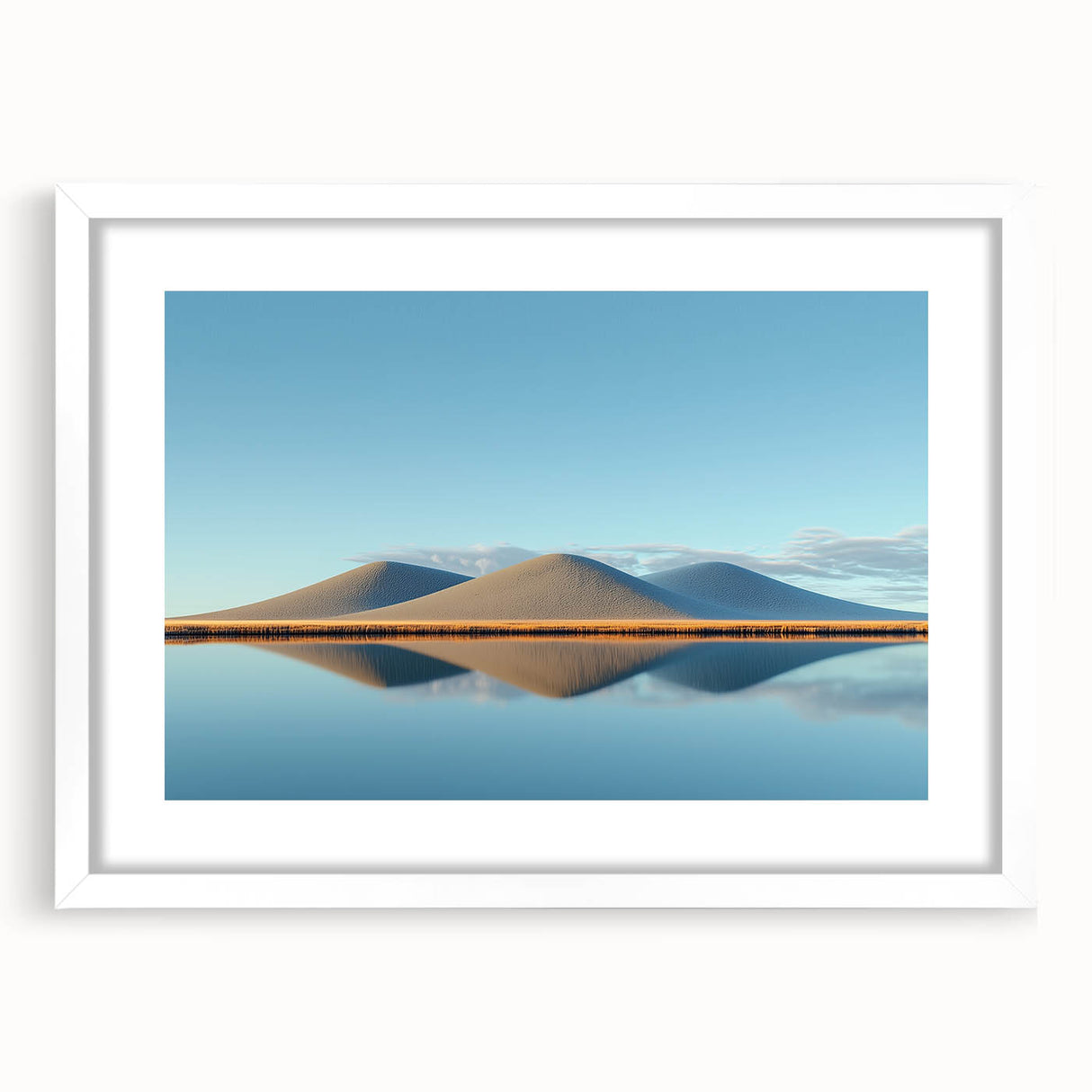 Framed landscape artwork featuring vibrant green fields and a serene blue sky, presented with a white mat and frame, ideal for home decor.