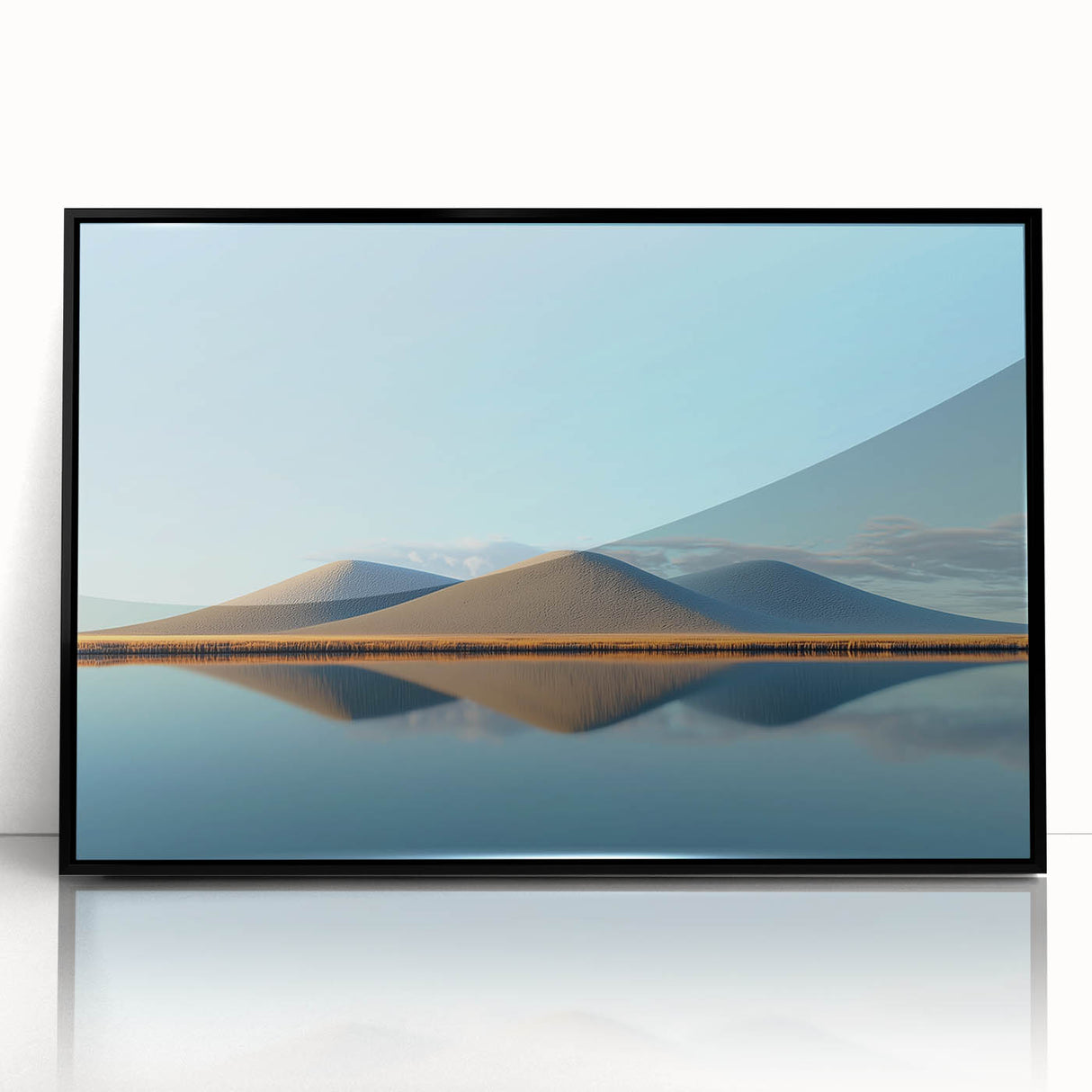 Framed acrylic wall art depicting a serene landscape with vibrant green fields and a blue sky, featuring a sleek black frame, ideal for home decor enhancement.