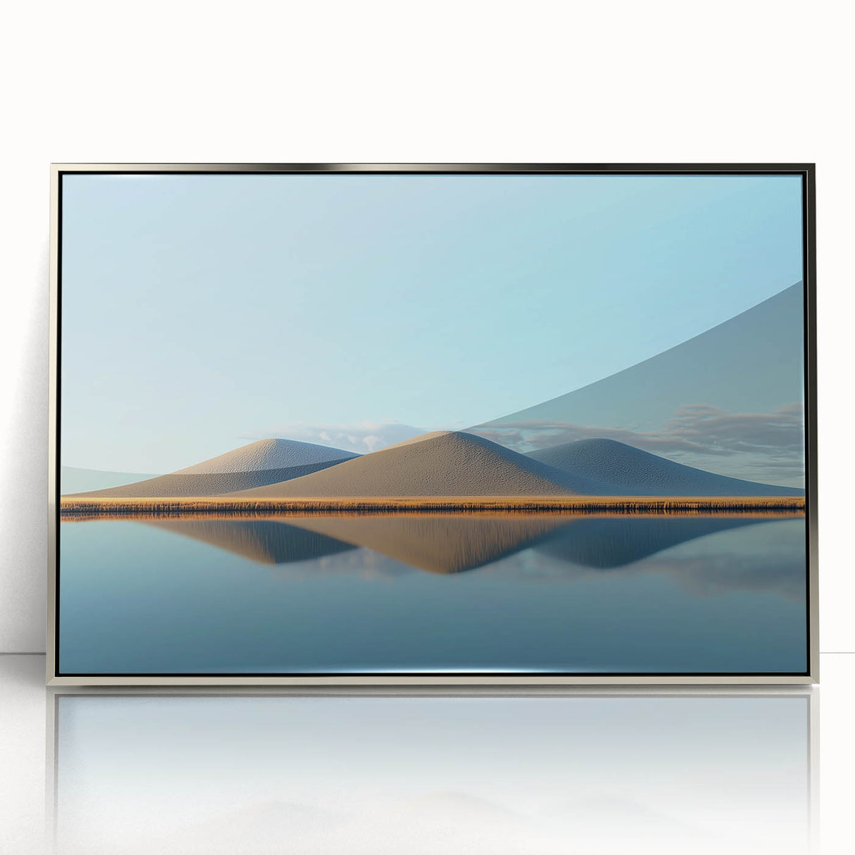 Framed acrylic artwork depicting serene green landscapes with rolling fields, silver accents, and a modern design, ideal for enhancing home decor and creating a calming atmosphere.