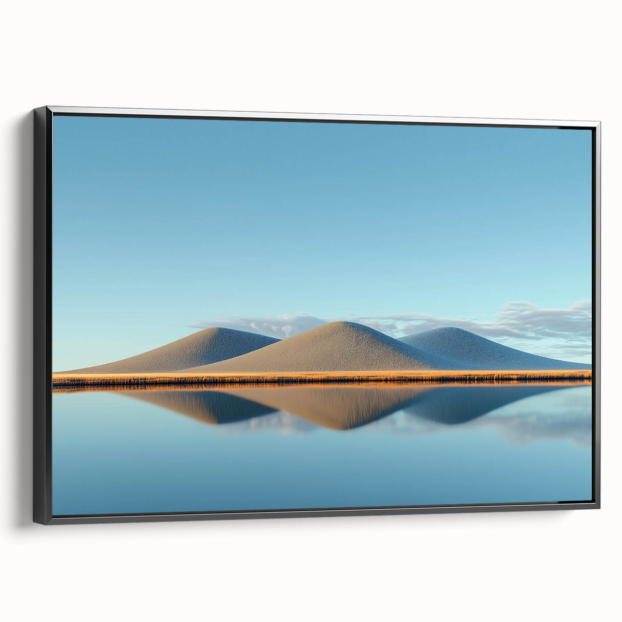 Framed canvas artwork showcasing a serene landscape of lush green fields, presented in a sleek black frame, ideal for home decor enhancement.