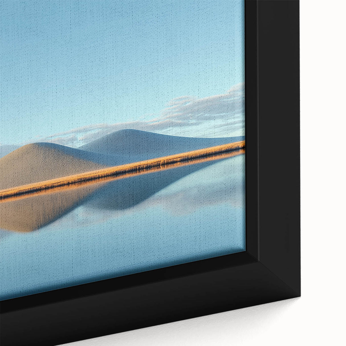Close-up of a framed canvas artwork depicting vibrant green fields under a bright blue sky, showcasing detailed textures and colors that enhance the landscape.