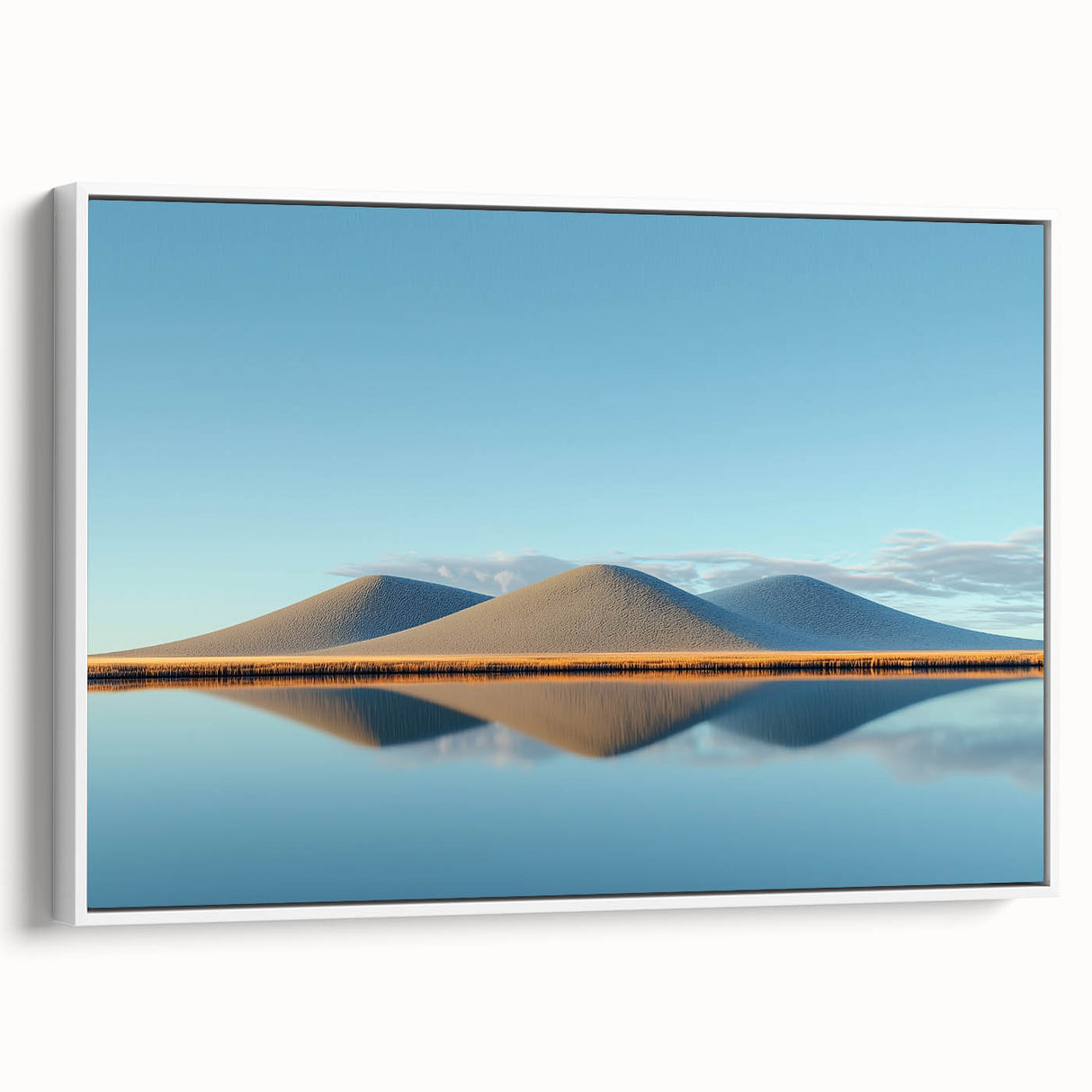 Framed canvas artwork depicting serene landscapes with rolling fields in soft green and gold hues, displayed from a side view against a white background.