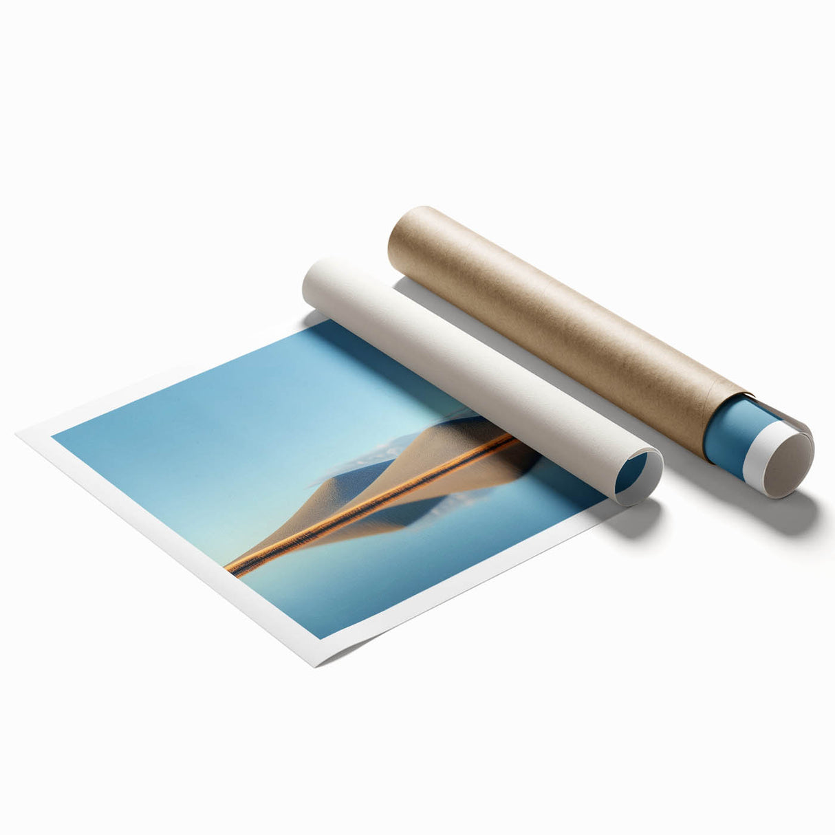 Vibrant rolled print of a serene landscape featuring lush green fields under a clear blue sky, showcasing a peaceful rural scene, ideal for home decor.