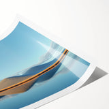 Vibrant landscape canvas print showcasing rolling green fields under a blue sky, elegantly rolled and packaged in a protective cardboard tube for delivery.