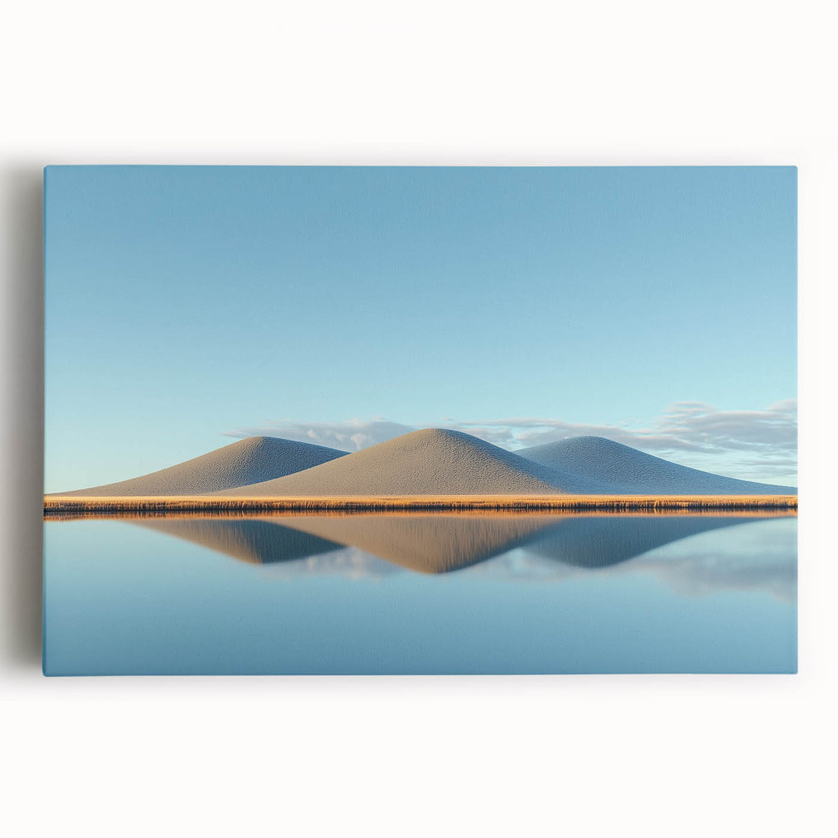 Stretched canvas artwork depicting vibrant green fields under a clear blue sky, showcasing a serene landscape scene ideal for home decor or office space. Perfect for nature lovers seeking to enhance their environment with a touch of tranquility.