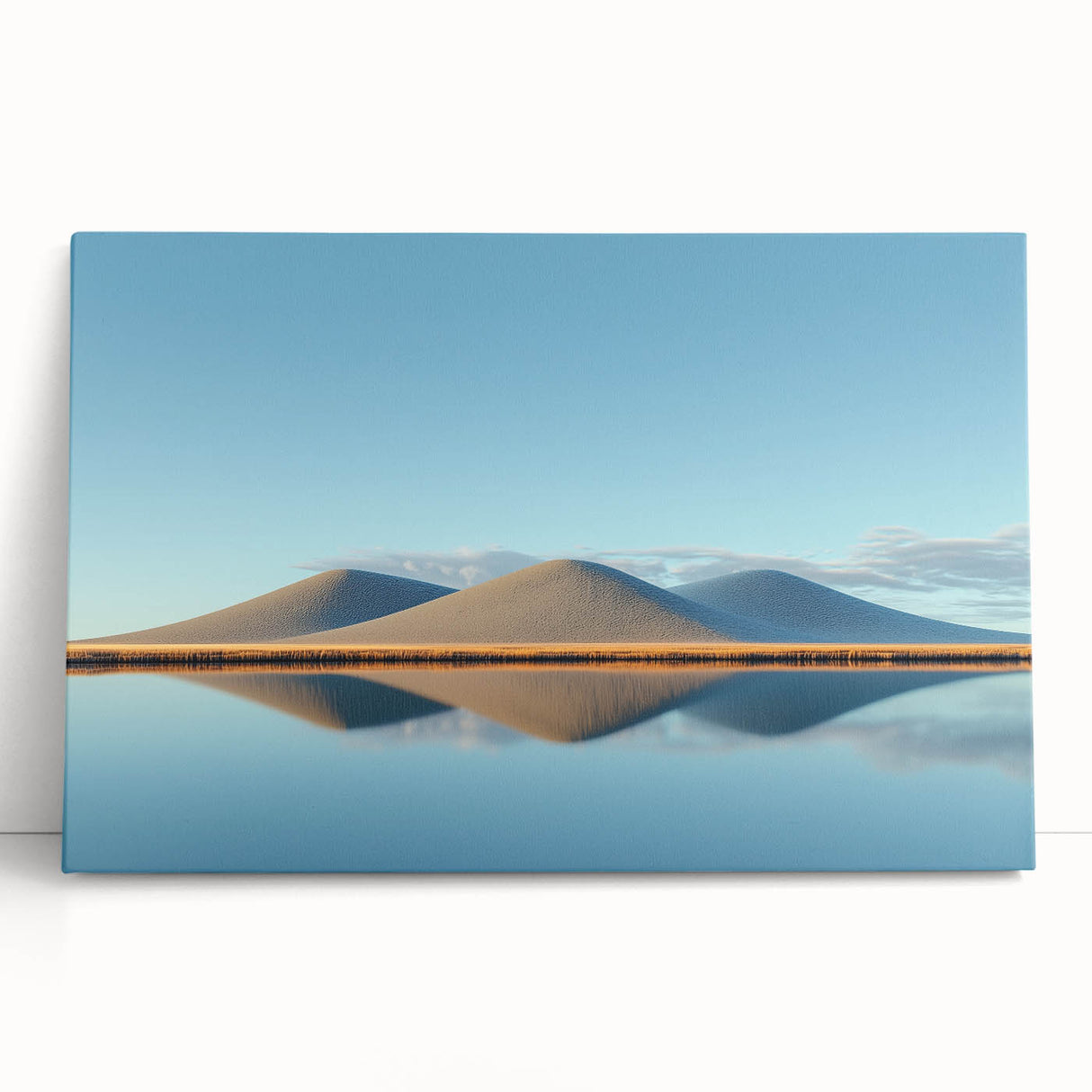 Stretched canvas artwork depicting vibrant, serene landscapes with green fields under a clear blue sky, ideal for home decor or office space enhancement.