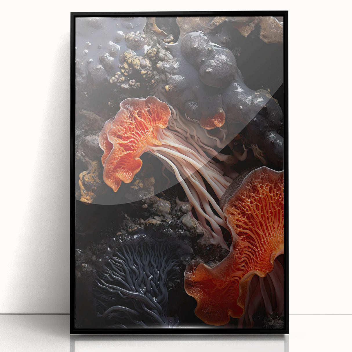 Large abstract wall art featuring geometric shapes in black and white, framed in acrylic.