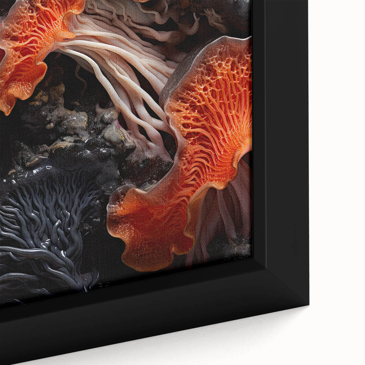 Close-up of textured black wall art with colorful elements on a framed canvas, ideal for living room decor.