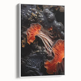 Vintage poster art featuring colorful abstract elements on a large framed canvas, ideal for living room decor.