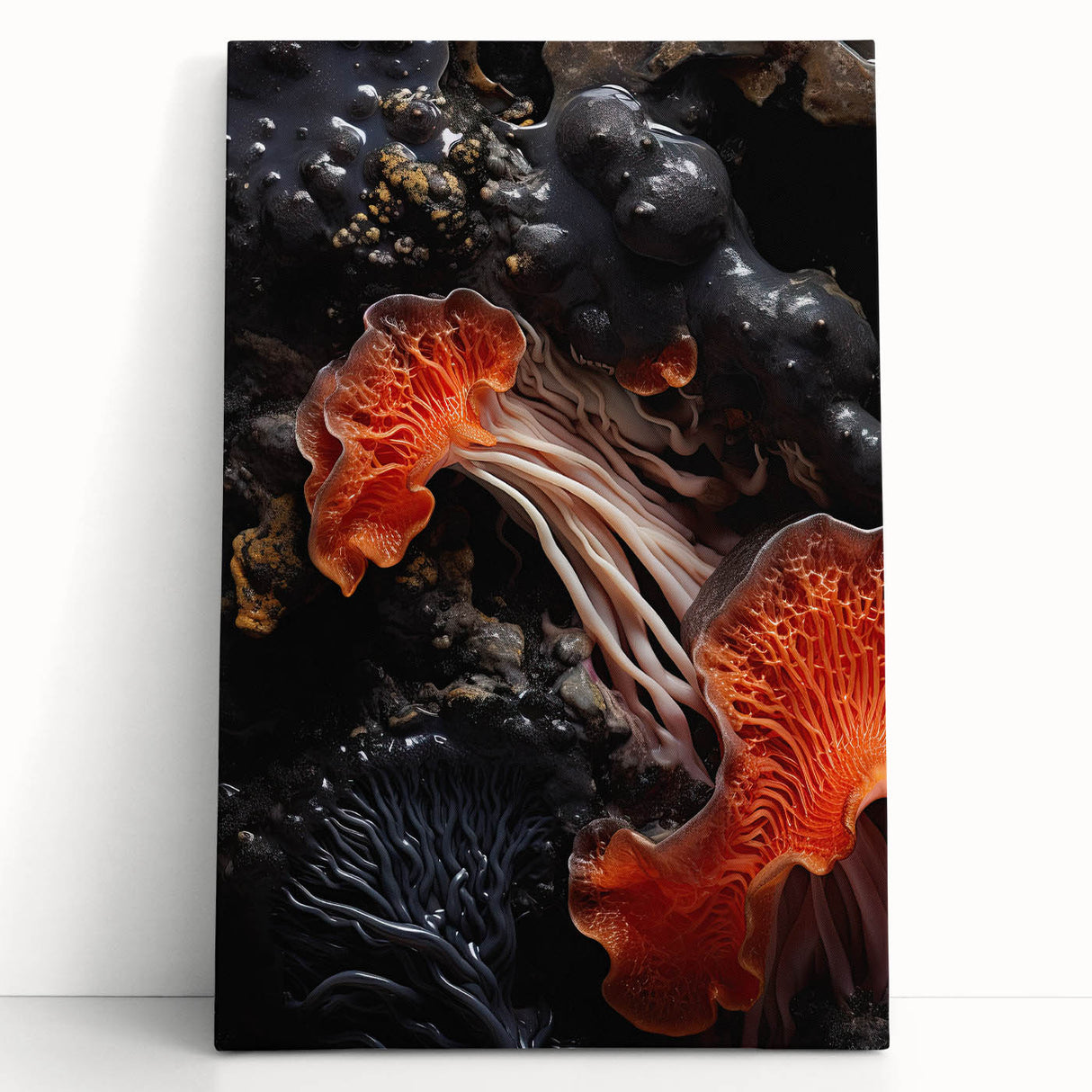 Large black and white abstract print on stretched canvas, featuring close-up natural elements, ideal for kitchen wall art.