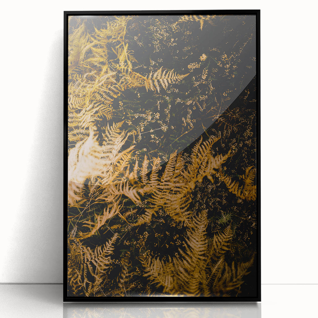 Large abstract wall art featuring mid-century modernist style in warm autumn hues, framed in black acrylic.