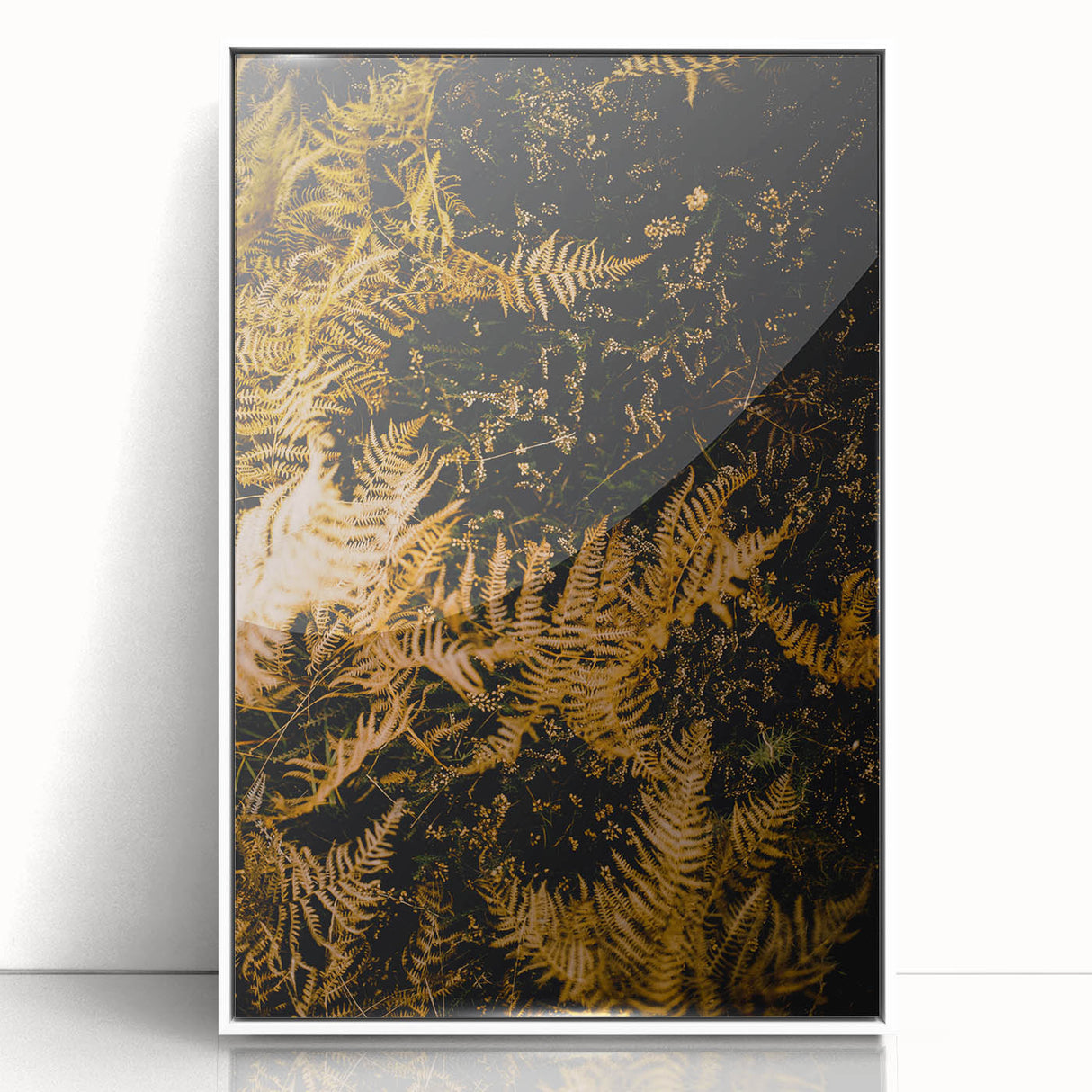 Art deco poster of autumn trees with golden and brown leaves on white acrylic, framed, ideal for modern nursery wall art.