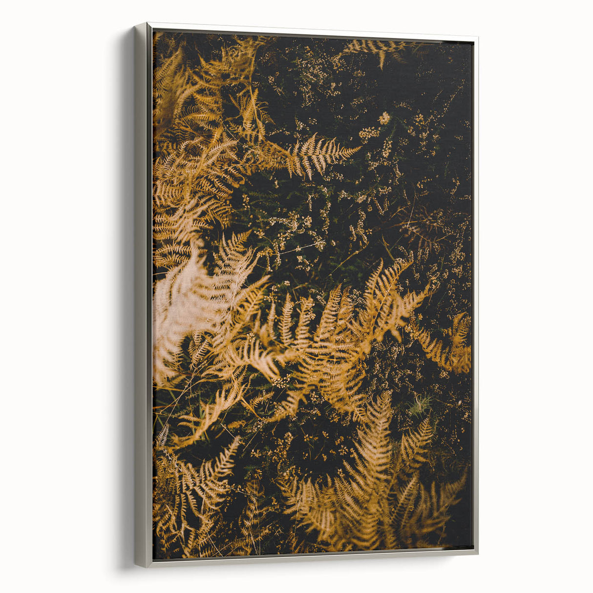 Vintage landscape art painting on silver-framed canvas.