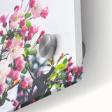 Large abstract wall art in pastel shades on acrylic glass depicting spring, ideal for dining room ambiance.