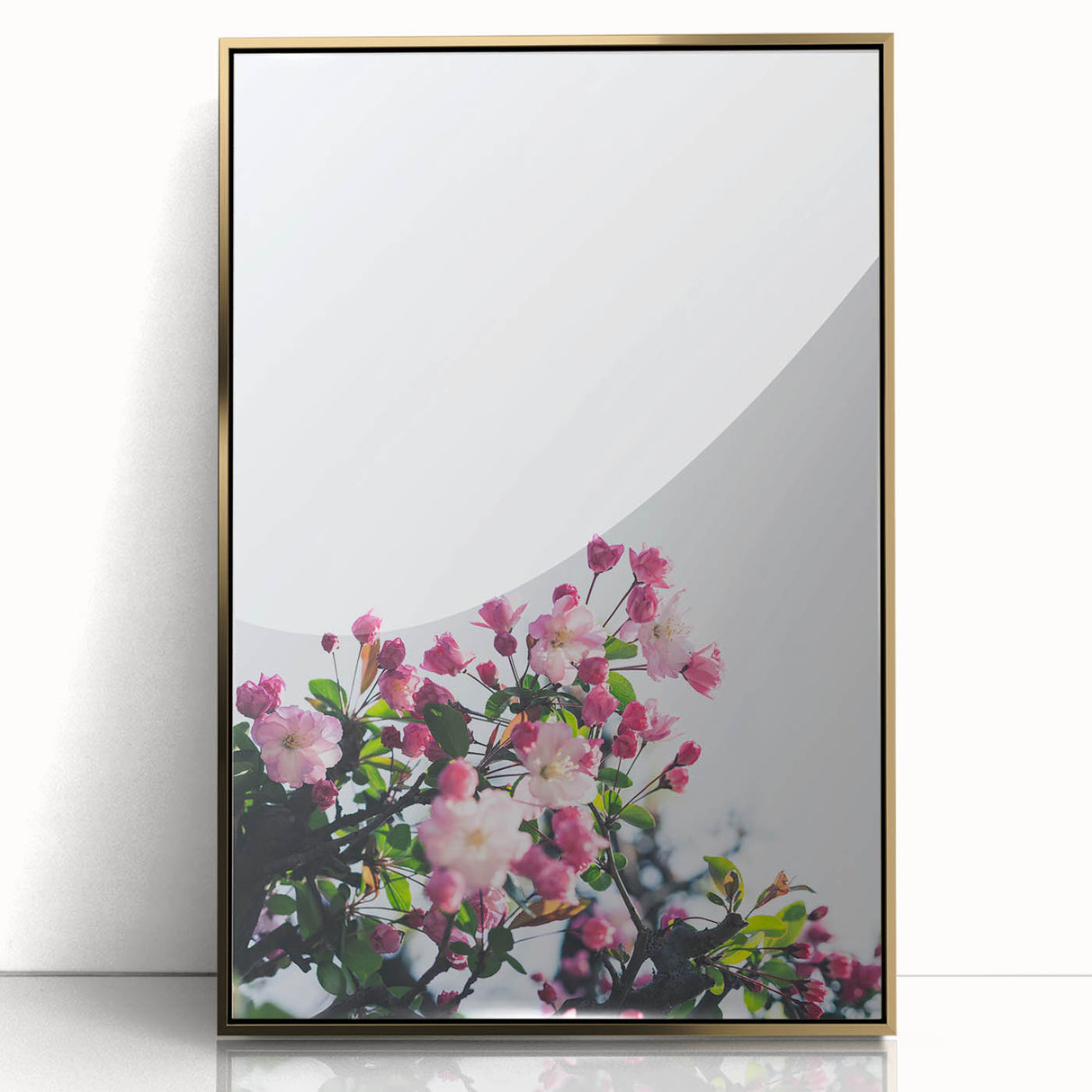 Large art print of a mid-century modernist spring scene in soft green and gold tones on acrylic.