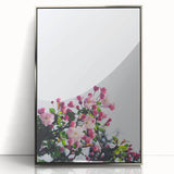 Mid-century modernist art depicting spring, with soft pastel shades on a silver-framed acrylic print.
